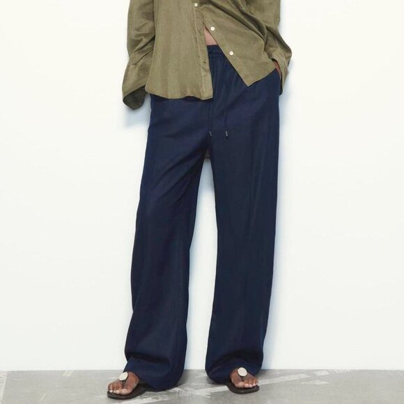 ZARA Dark Blue Linen Blend Casual Wide Leg Drawstring Pants with Pockets XL - Picture 1 of 8